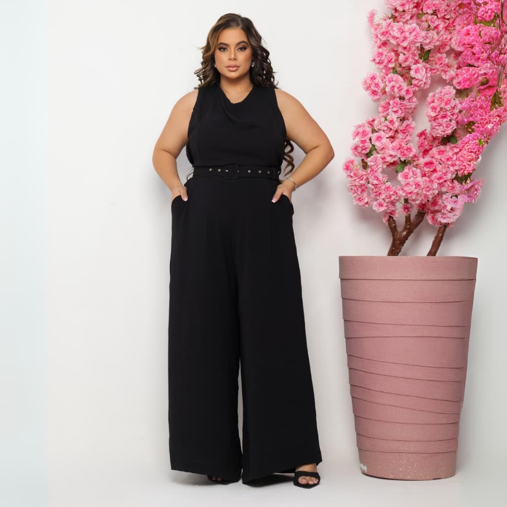 Macacão Feminino Longo Plus Size Pantalona Elegante Tecido Confortável Cinto Ajustável