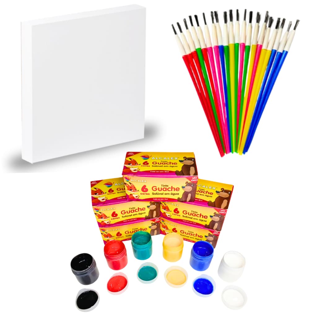 Kit 1 Tela Para Pintura 15x15 + 1 cx Tinta Guache  + 1 Pincel Artística Artesanato Escolar Lembrancinha