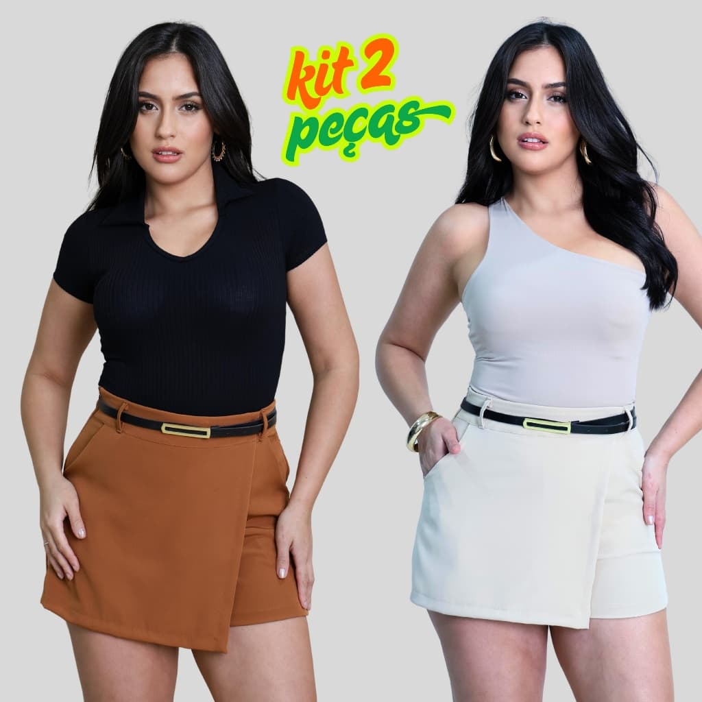 Short Saia Alfaiataria Femenino Con Cinto Cintura Alta bolsos faca moda verao 2025