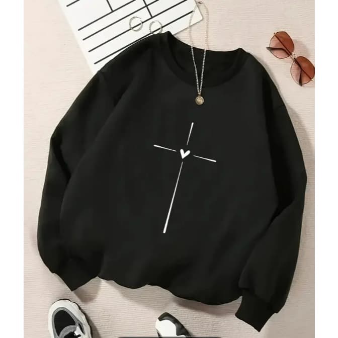 Moletom Careca Coração e Cruz Blusa de Frio Estampada Moda Inverno Casaco Masculino e Feminino Gola Redonda Casaco