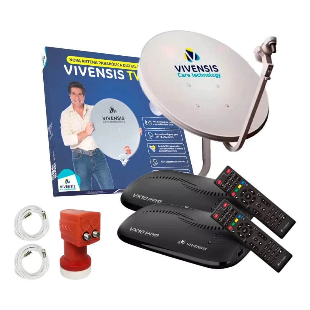 Kit Nova Parabolica Digital Vivensis Com 2 Receptores VX10 e LNB Ku Duplo