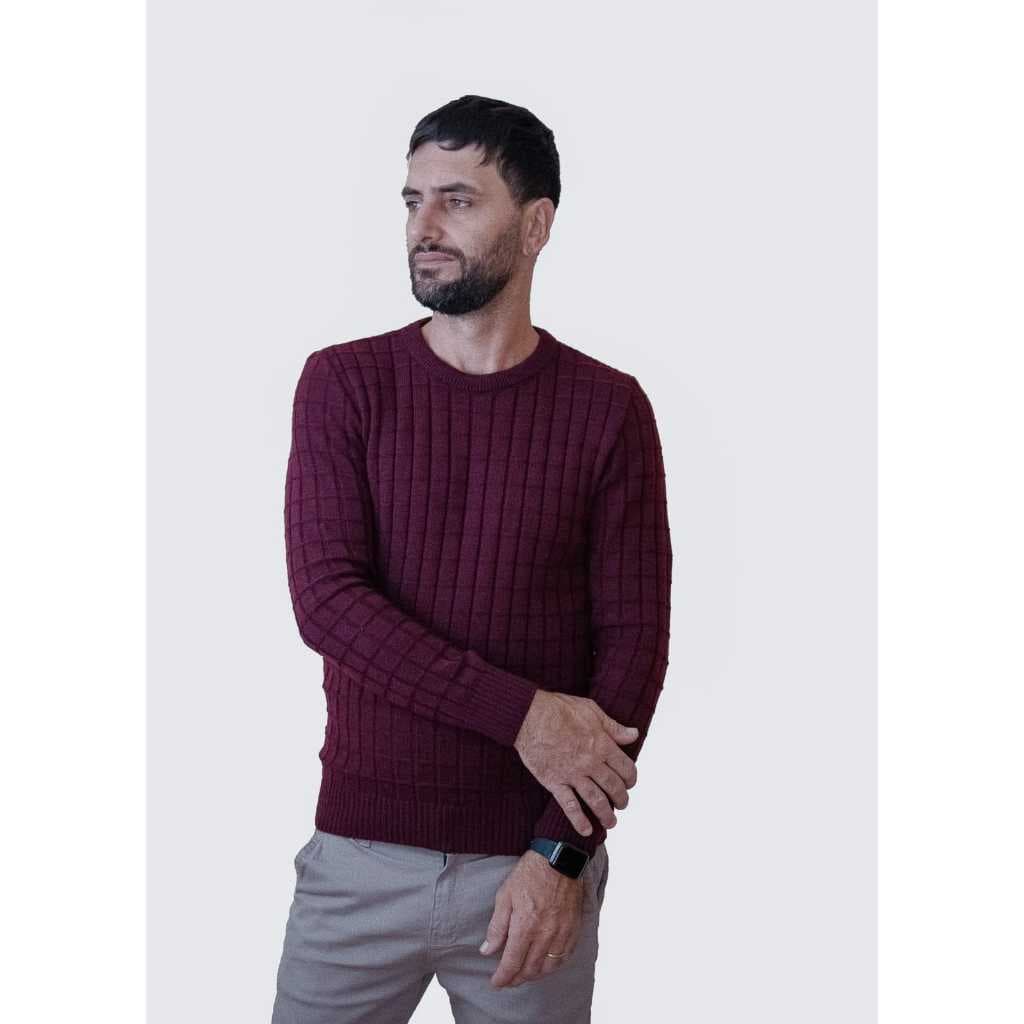 Suéter Masculino Tricô Blusa de Frio Gola Redonda Detalhes em Quadriculado Manga Longa