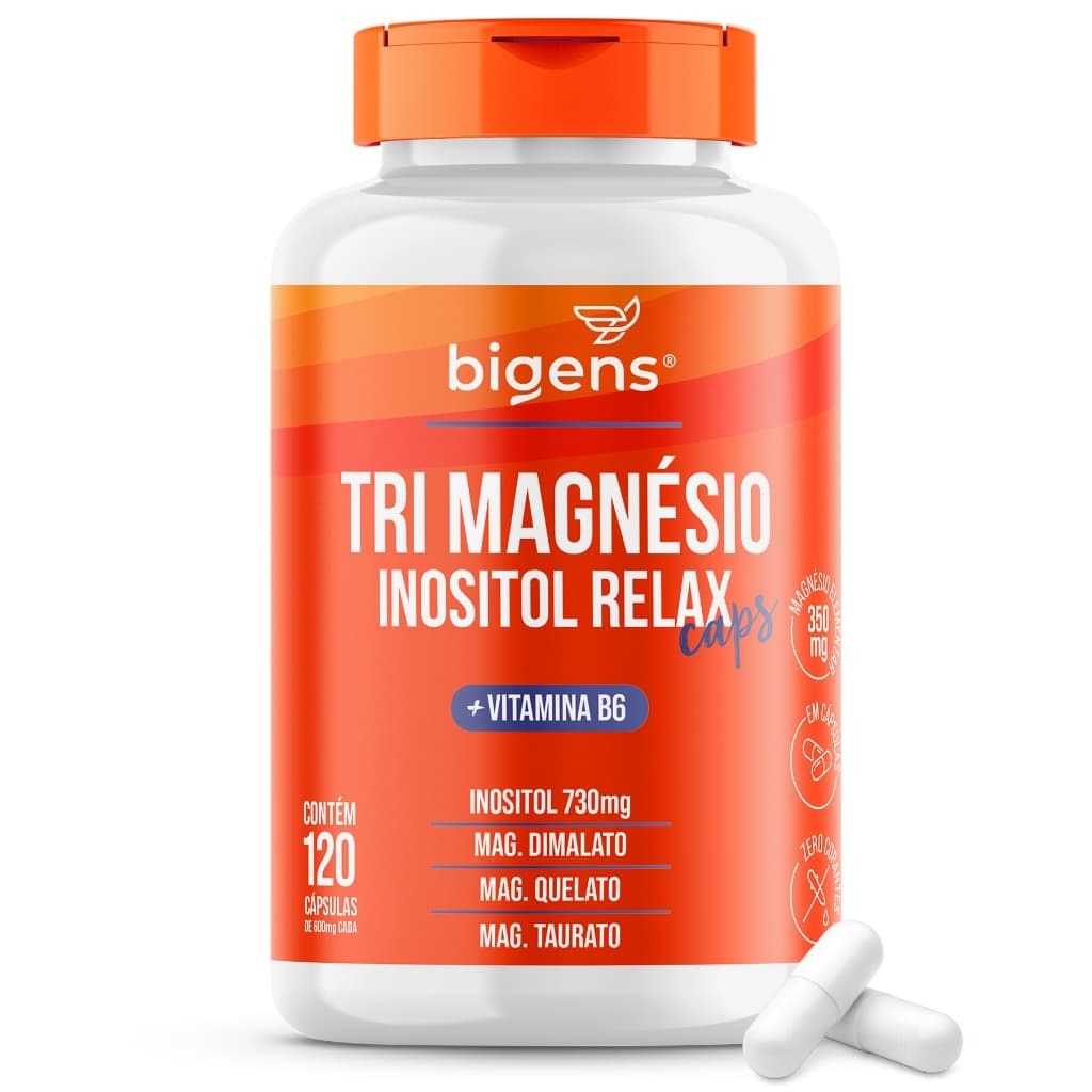 Tri Magnésio (dimalato, quelato e taurato) Inositol Relax, Vitamina B6, 120 Cápsulas, Bigens