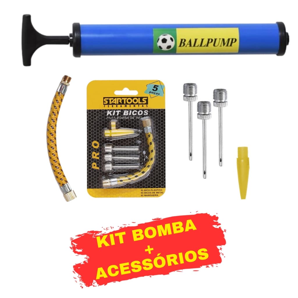 Bomba Ar Manual Encher Bolas Piscina E Kit de Bicos Futebol Voley Basquete