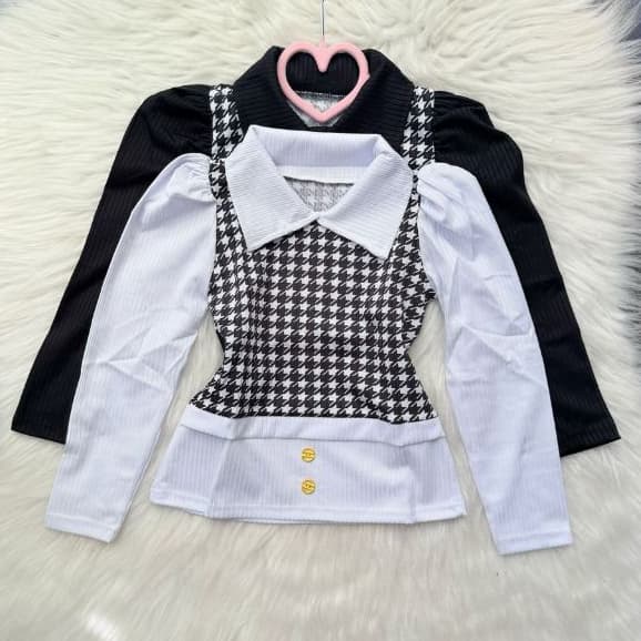 Blusa xadrez manga longa infantil menina - blusa canelada 2-12 anos