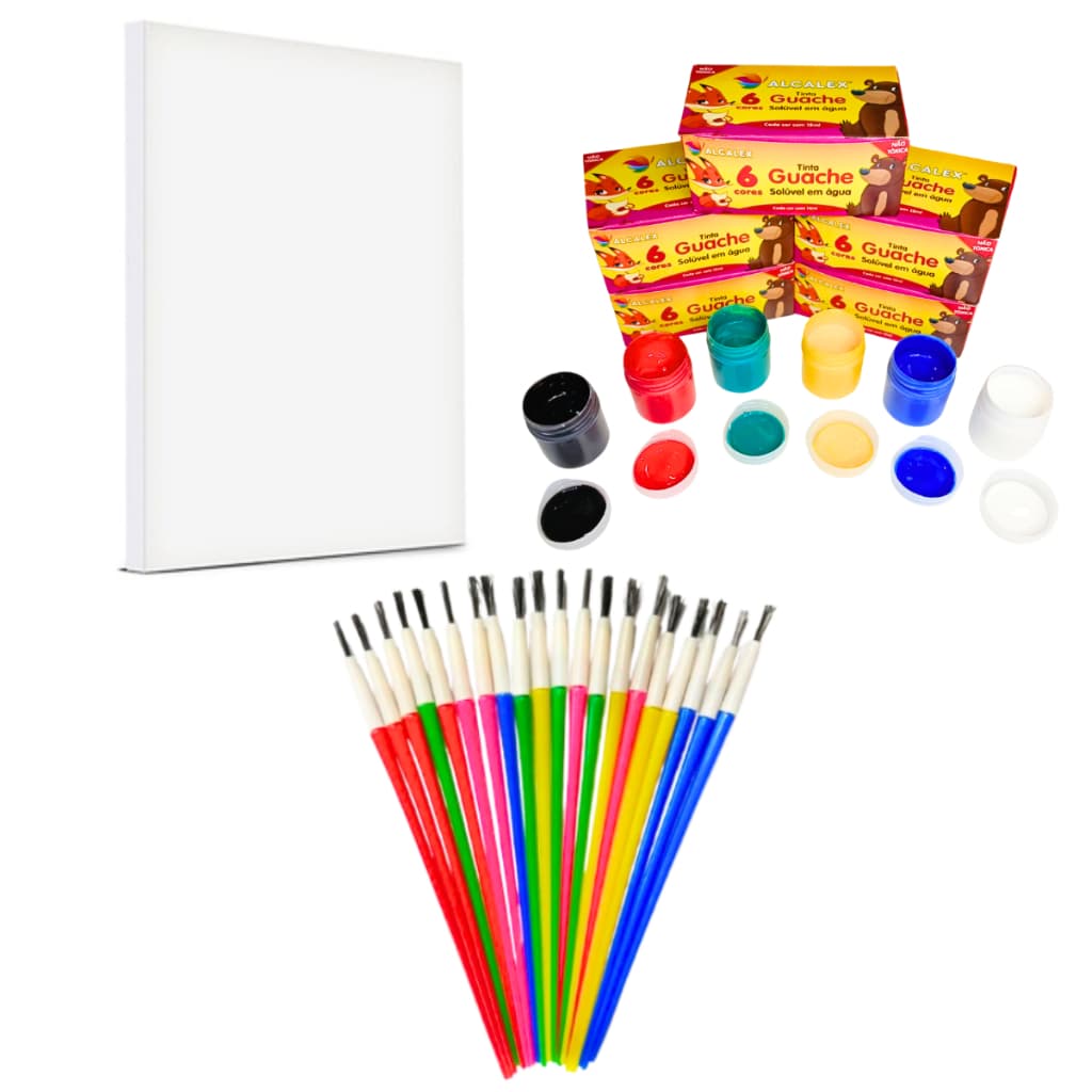 Kit 1 Tela Para Pintura 10 x 15 + 1 cx Tinta Guache  + 1 Pincel Artística Artesanato Escolar Lembrancinha