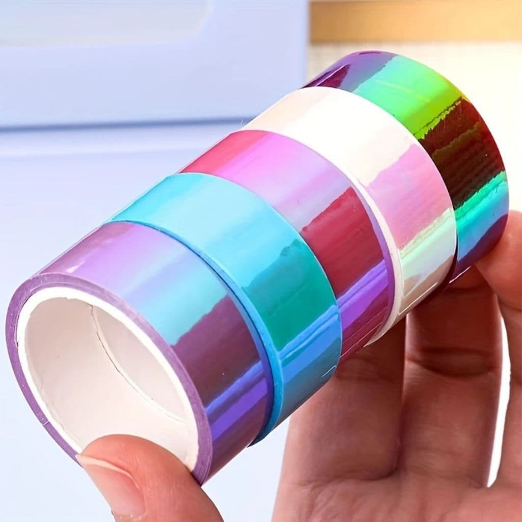 Dispenser + Fita Adesiva Washi Tape 5 Peças Holográfica Brilhante Decorada Papelaria Escritório
