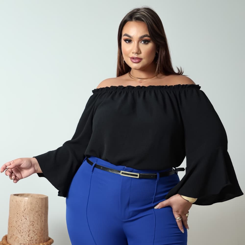 Blusa Ciganinha Plus Size Com Manga Flare Com Elastico No Decote  G1 G2 G3