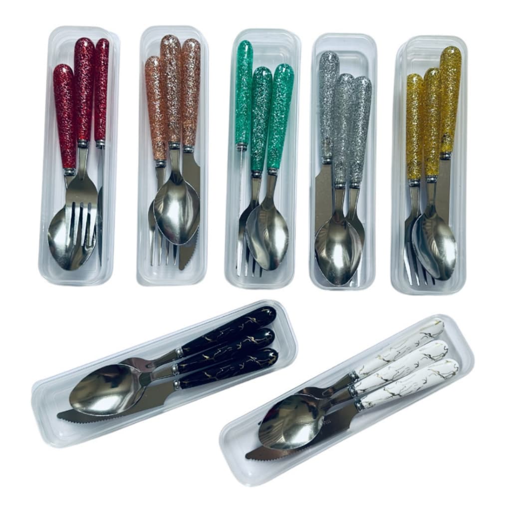 Conjunto kit Jogo Talher 3pc Inox Estojo Garfo Faca Colher Marmita Viagem Portátil Bolsa Pratico