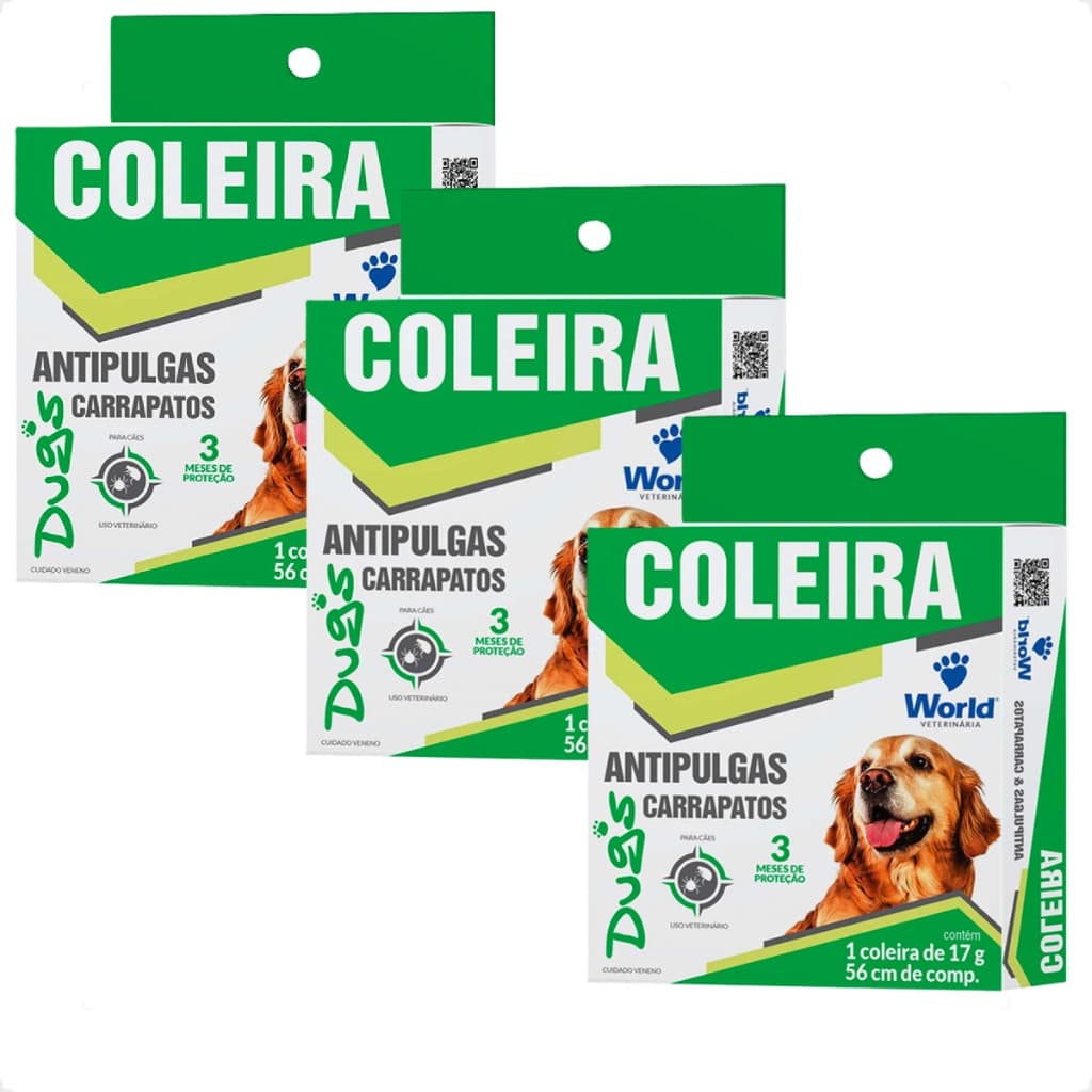 Kit 3 Coleira World Veterinária Dug's 17g Antipulgas para Cães - 56cm