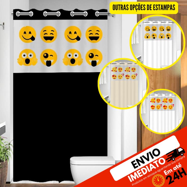 Cortina Box Banheiro com Ilhós Emoji com Visor Anti Mofo Resistente Alta Qualidade 100% PVC Várias Cores