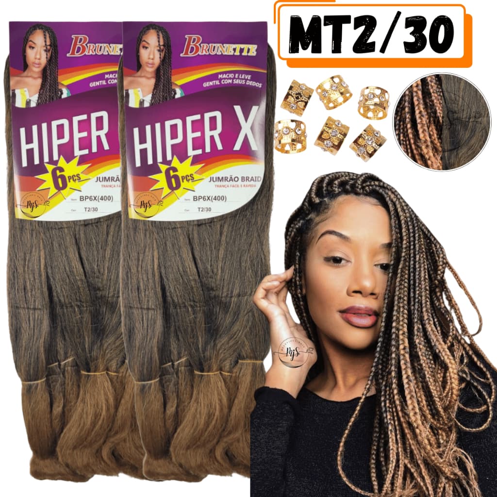 Kit 2 Cabelos Jumbo Jumbão Hiper X Fibra Especial Box Braids Ideal Para Tranças 400 Gramas + Anéis