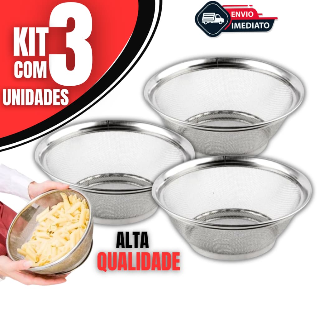 Kit 03 Cestas em Inox Escorredor Multiuso 22cm Cozinha Escorredor de Macarrão Legumes Arroz Fruteira