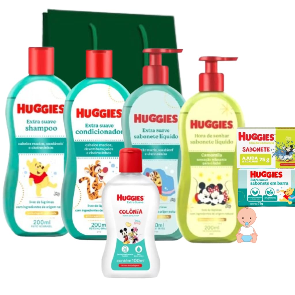 Kit Huggies Higiene Infantil  Bebê Extra Suave com Colonia  7 Itens