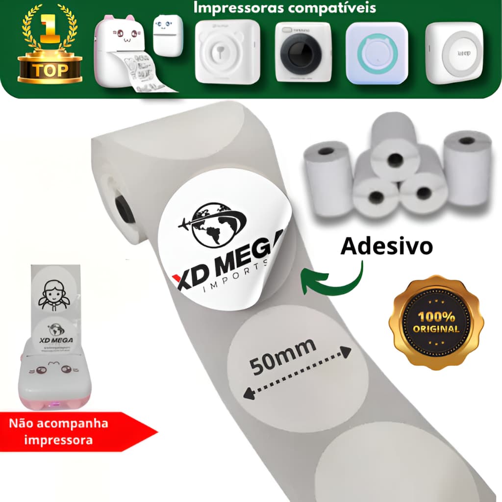 5 Rolo Etiqueta Adesiva Redonda 50x50 para mini impressora portátil gatinho peripage A6 e outras