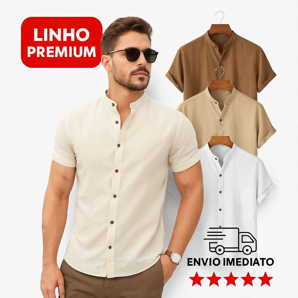Camisa Social Masculina Manga Curta Gola Padre Linho Luxo
