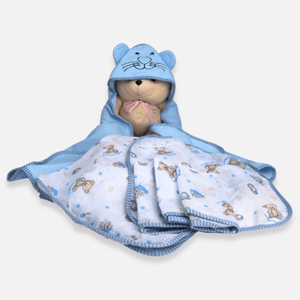 Kit Enxoval Bebê 6 Peça 1 Toalha Banho Capuz Orelhinhas 4 Fraldas Boca 1 Manta Algodão Macio