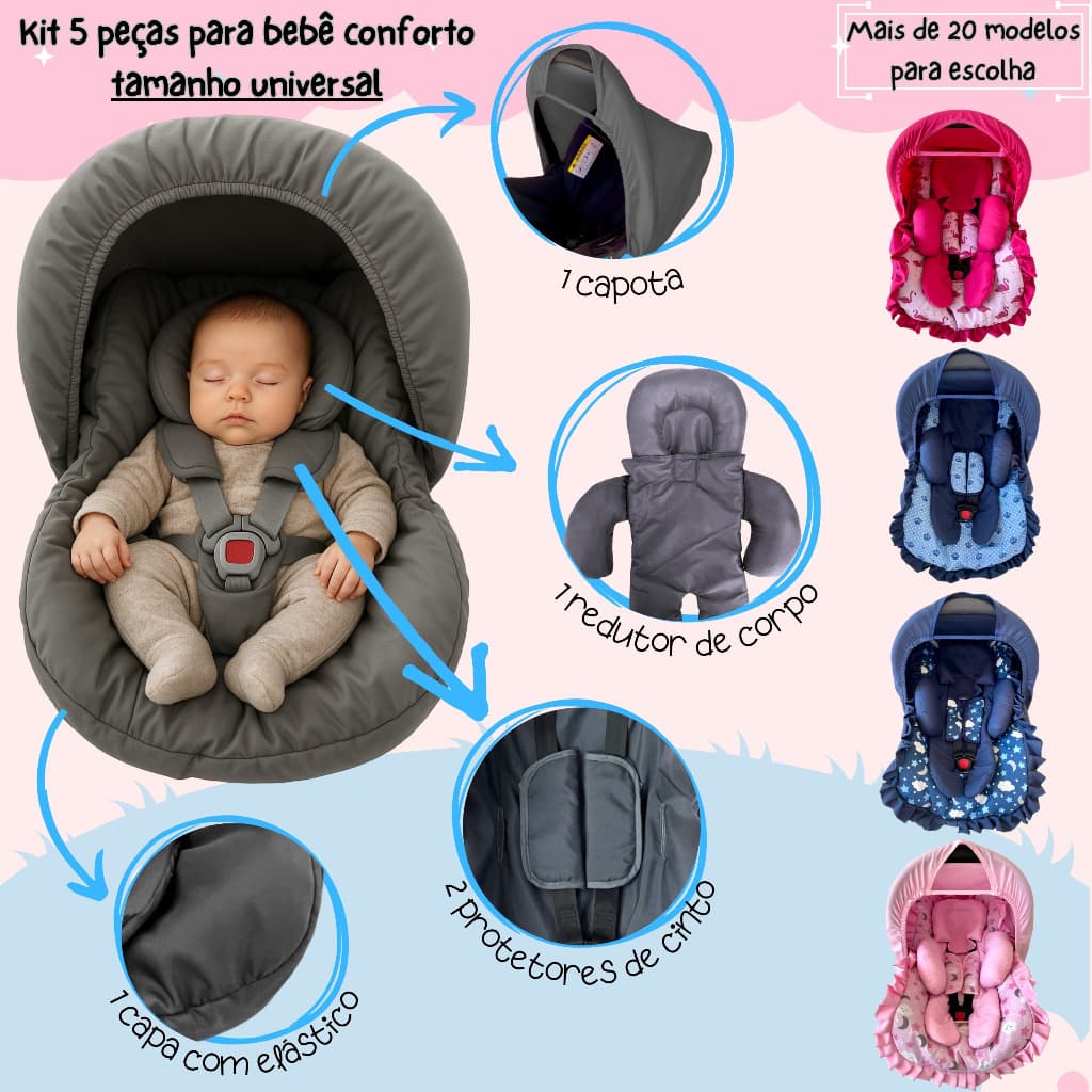 Kit bebê conforto 5 peças Capa acolchoada Capota Redutor de corpo protetor de cinto até 13 kg