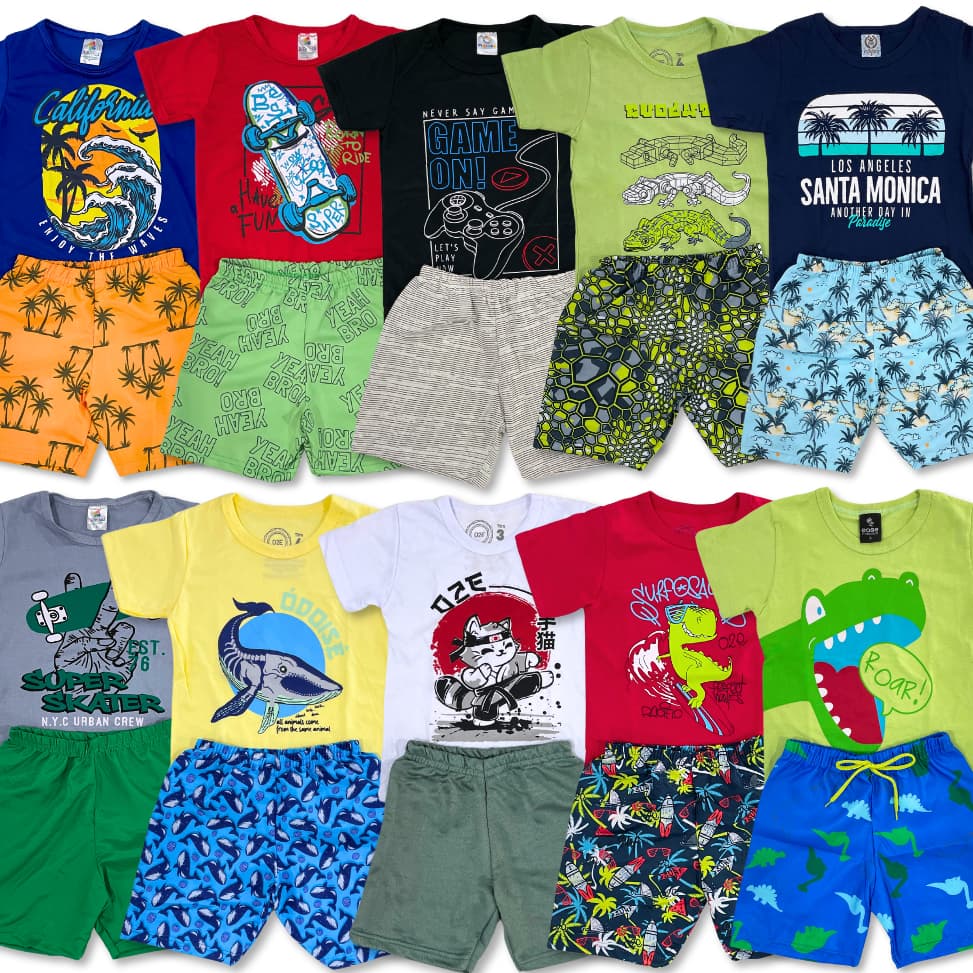 Kit 6 ou 10 Peças 3 ou 5 Conjunto Roupa Infantil Menino Verão Sortido Estampado Camiseta + Shorts