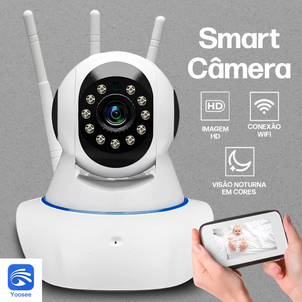 Câmera IP Wi-Fi 360° 3 Antenas HD Babá Eletrônica Smart Visão Noturna Alarme Sem Fio App Yoosee