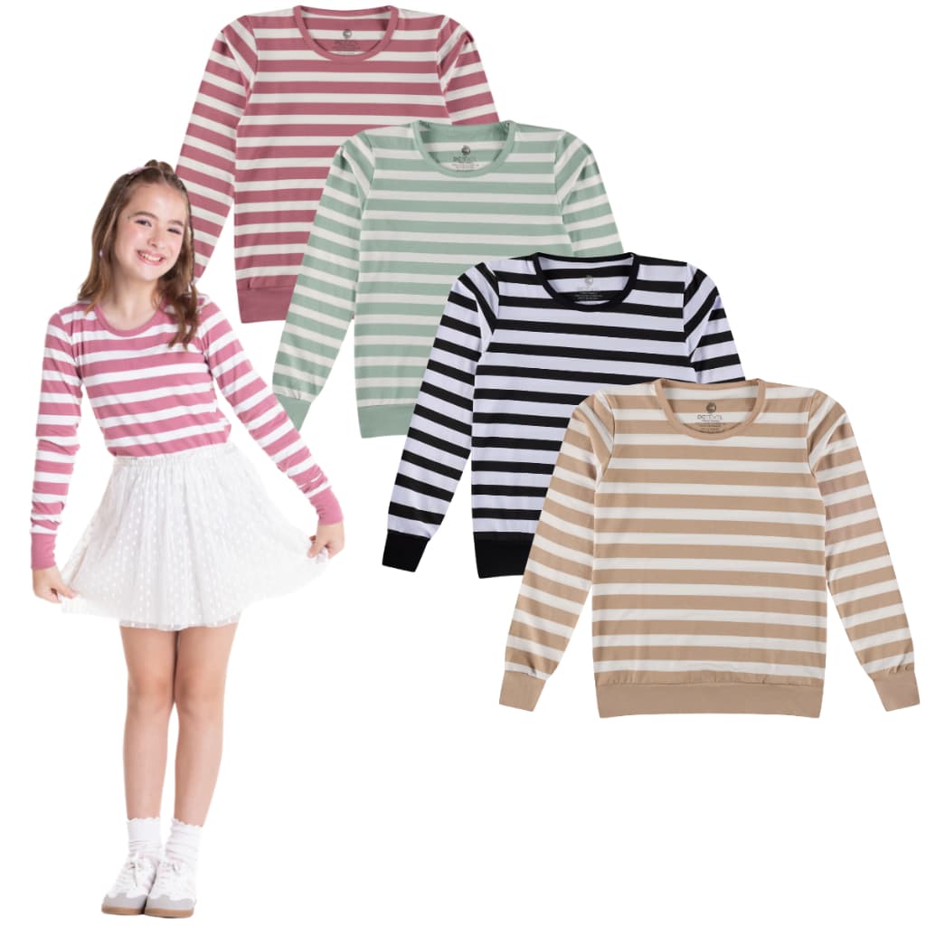 Blusa Cotton Manga Longa Listrada Juvenil Menina Tamanho 12 ao 16