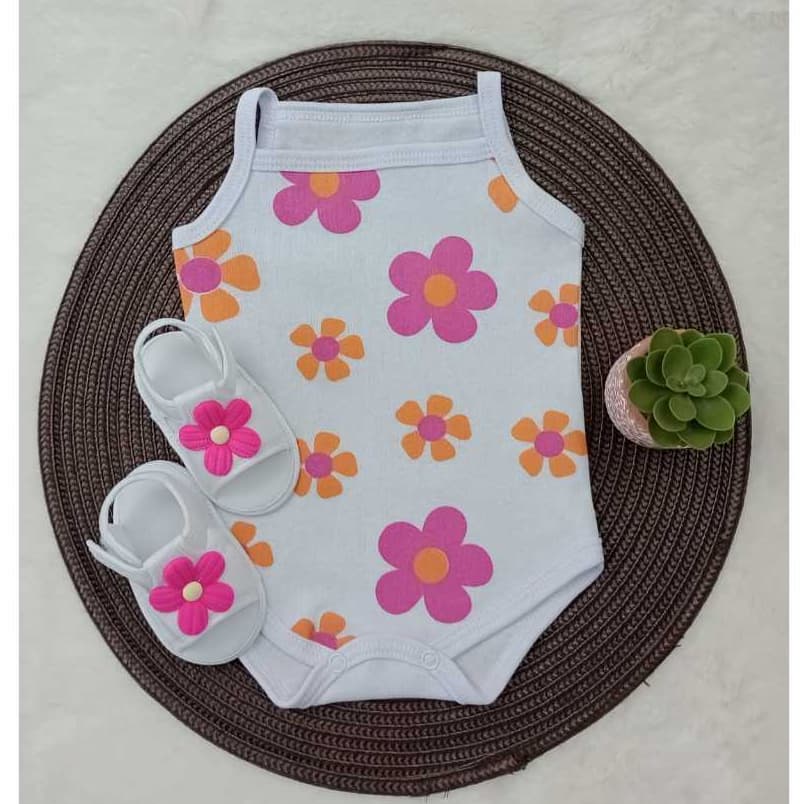 Conjunto Sandalia Flor Com Body Alcinha Bebe Menina  Roupa Verão Estampado 100% Suedine