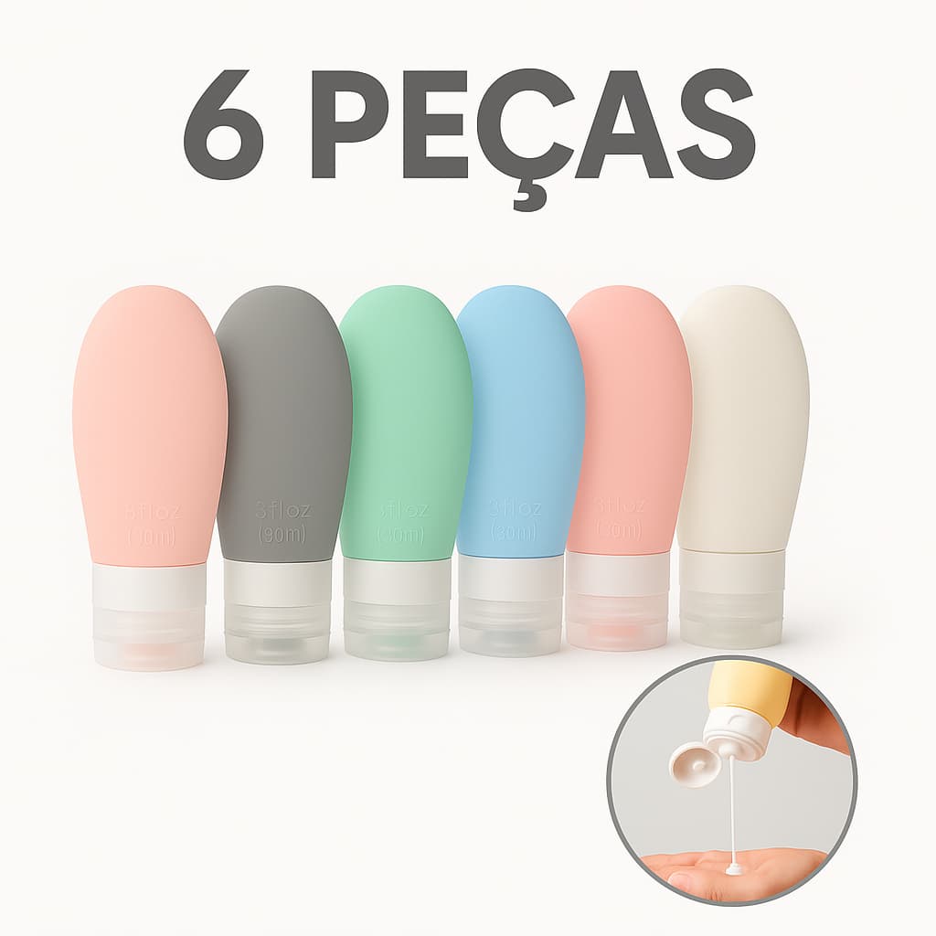 Kit 6 Frascos Para Viagem Porta Shampoo Creme Sabonete Líquido Plástico Líquido Portátil 70ml