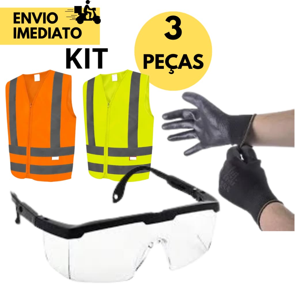 Kit EPI Colete Refletivo, Óculos de Segurança Incolor, Luva Tátil para Motorista Entregador e Obras.