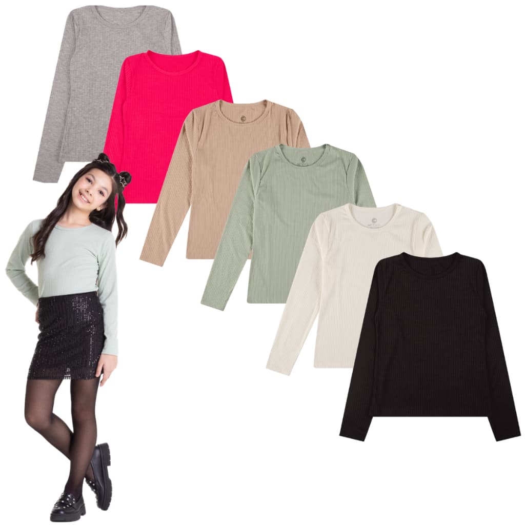Blusa Malha Canelada Manga Longa Infantil Juvenil Menina Tamanho 10 ao 16