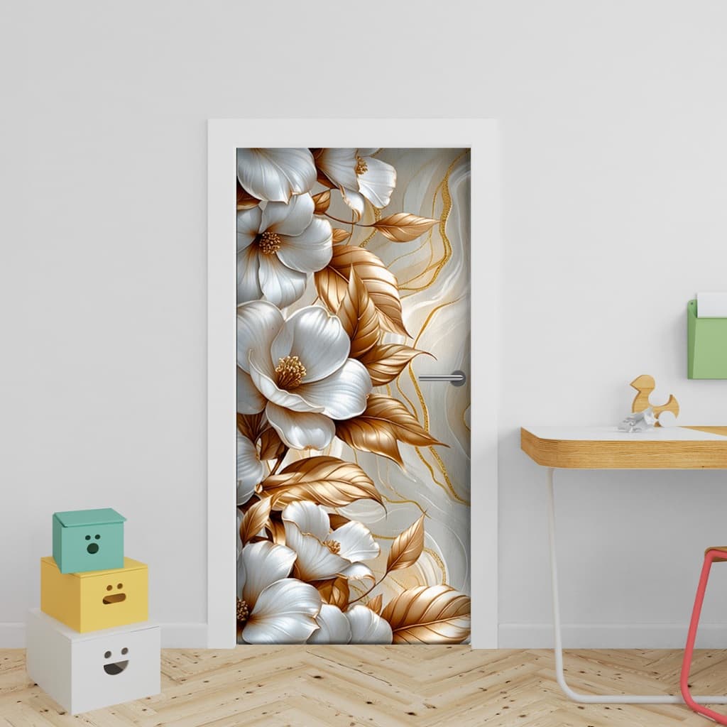 Capa Decorativa de Porta Sublimados C/ Elástico 0,75x2,10m Tema Flores Marmore