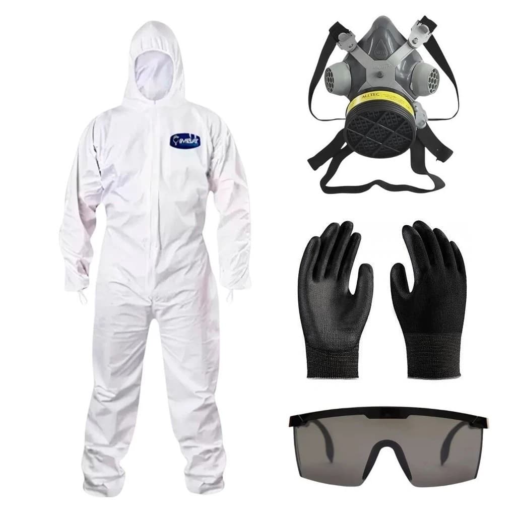 Kit proteção Macacão óculos de proteção Fumê Máscara Respirador c/filtro Luva PU Preta Epi