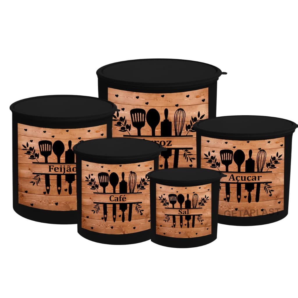 Kit 5 Potes de Mantimentos Plástico Decorado Porta Mantimentos Talheres Pote Cozinha