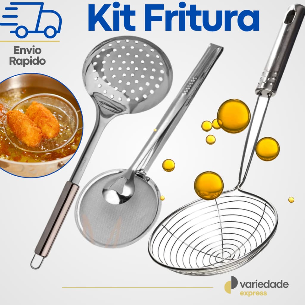 Kit Essencial Inox: 3 Escumadeiras Profissionais para sua Cozinha - Tradicional, Fritura e Fritura com Pinça Integrada