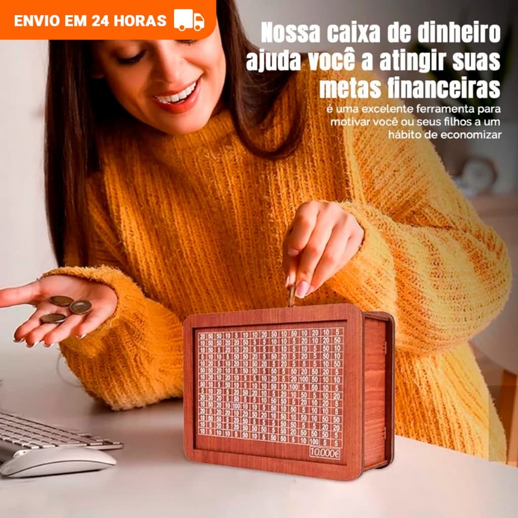 Cofre Desafio 10Mil Woodbox Cofrinho Caixa De Dinheiro Poupança - Envio Rápido