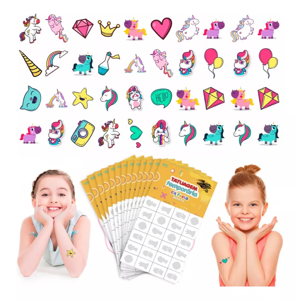 32/160/256 Tatuagem Infantil Temporária Unicórnio Estrela Arco-Íris Menina Criança Festa