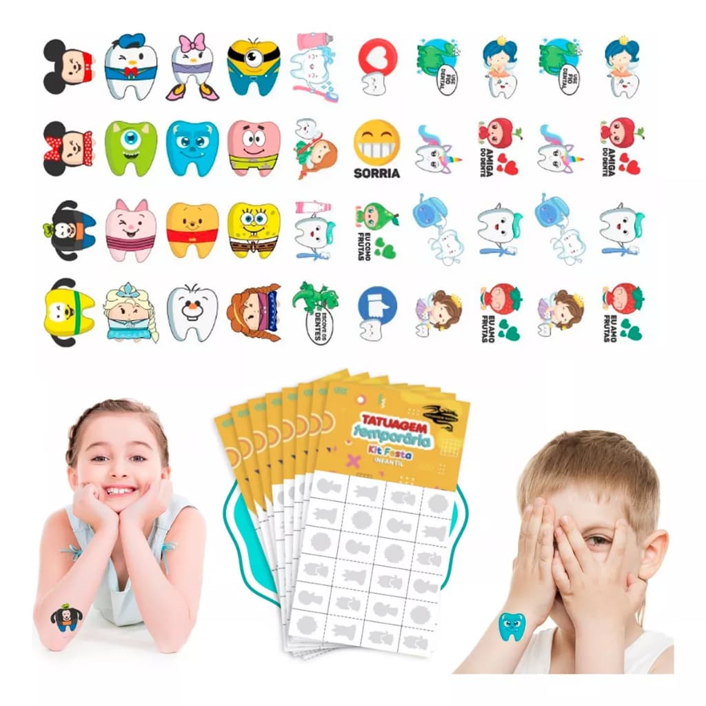32/160/256 Tatuagem Infantil Temporária Dentes Dentista Odonto Menina Menino Criança Festa
