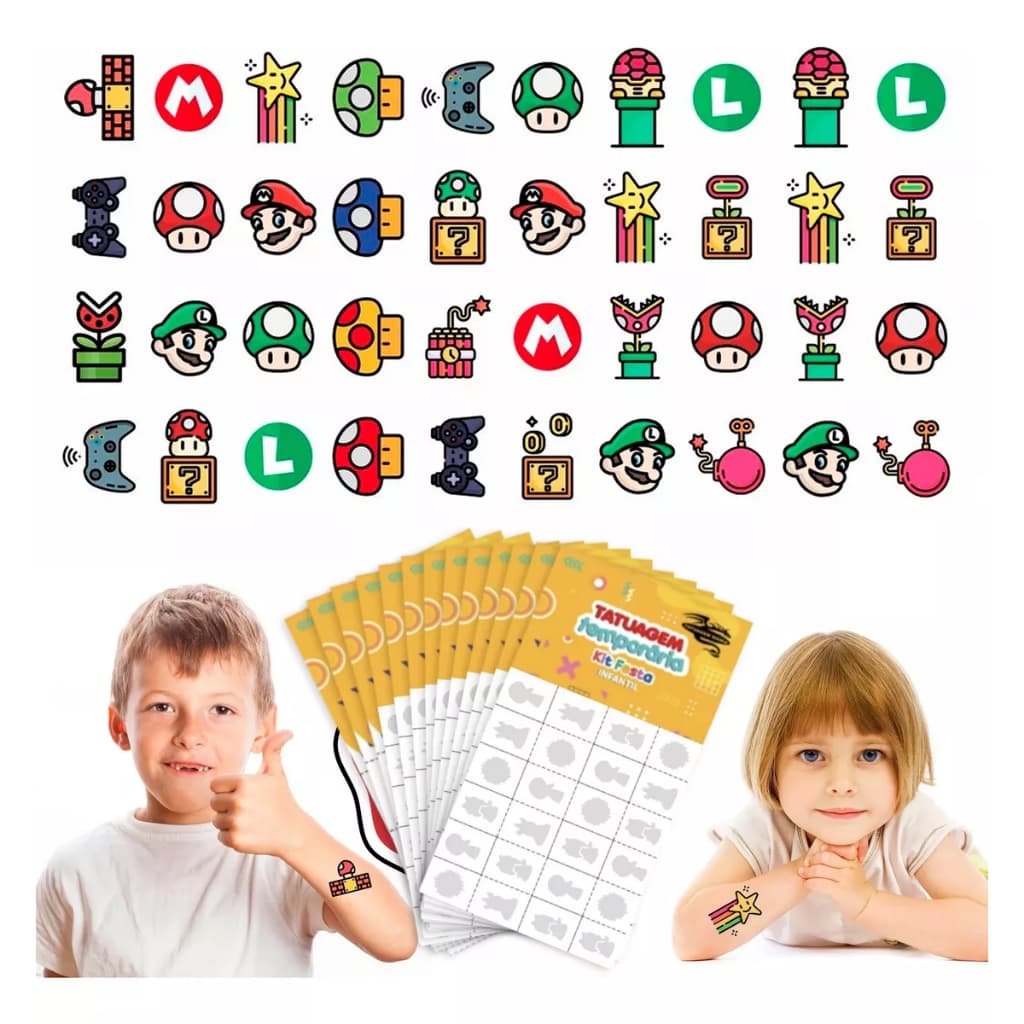 32/160/256 Tatuagem Infantil Temporária Mário Bros Luigi Jogo Menino Menina Criança Festa