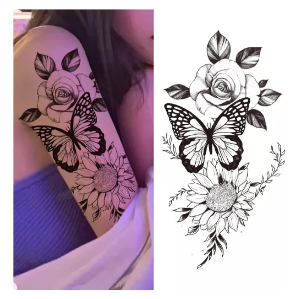 Tatuagem Temporária Falsa Fake Feminina Borboleta Flores Girassol Rosa Mulher Realista Floral Braço