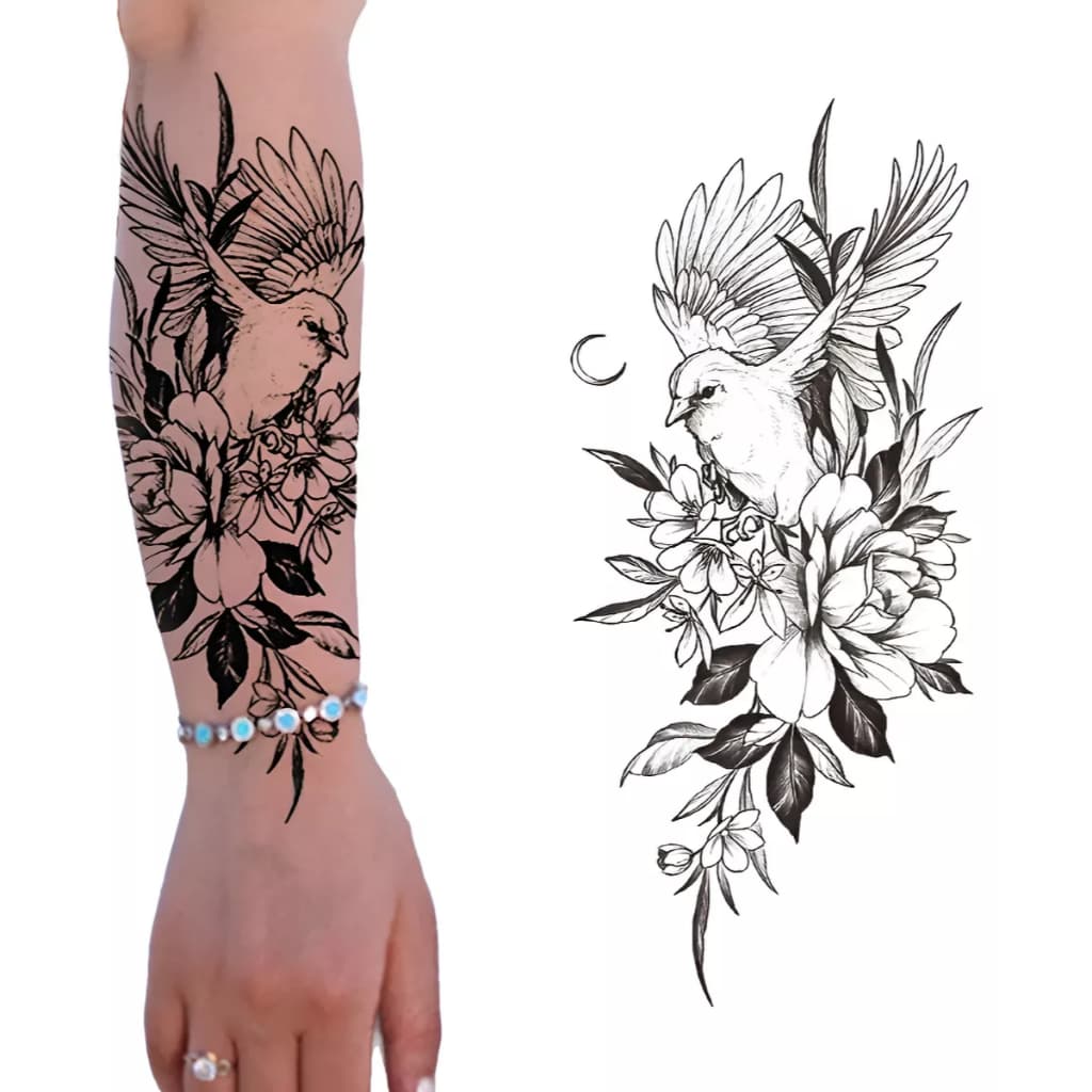 Tatuagem Temporária Falsa Fake Feminina Realista Passarinho Flores Ramo Floral Braço Mulher Lua