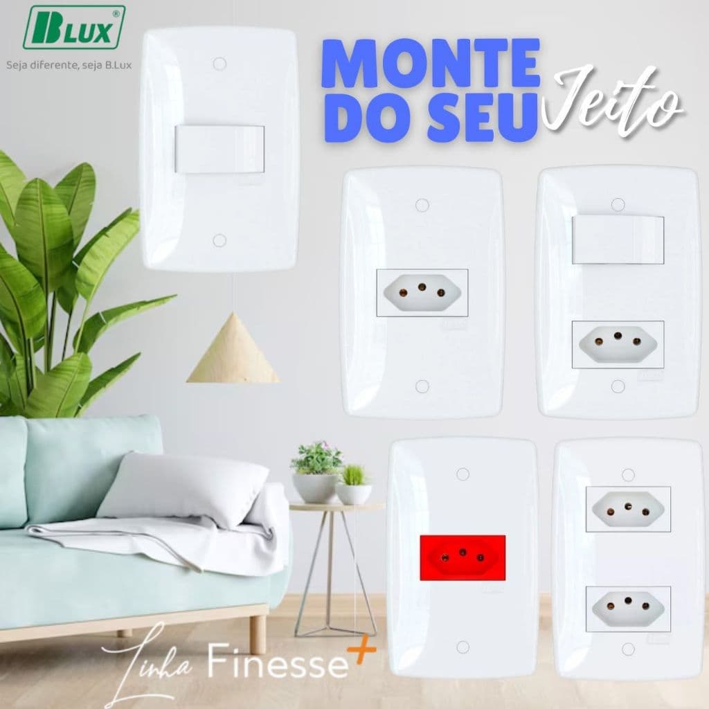 Interruptor Simples + Tomada 10A e 20A Blux Linha Finesse + Premium Branca