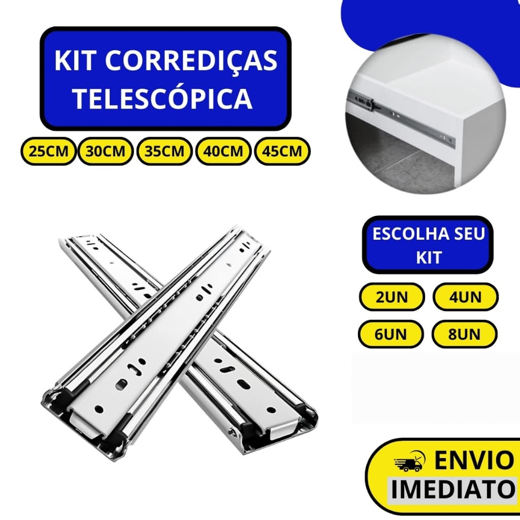 Kit Corrediças Gaveta Trilho Telescópica Light COM Parafusos | 25cm - 30cm - 35cm - 40cm - 45cm