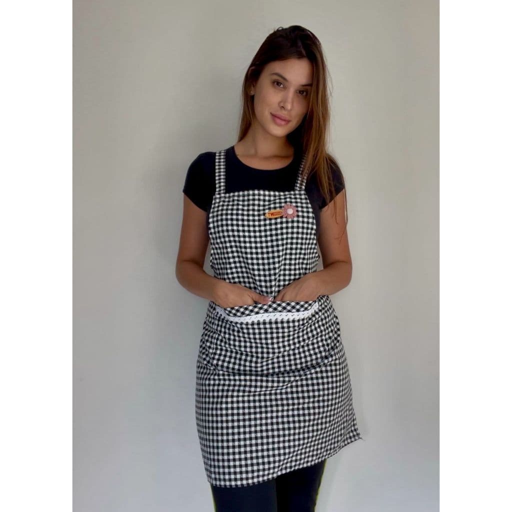 Avental de cozinha de linho de algodão xadrez, H alças, Aventais traseiros com bolso frontal