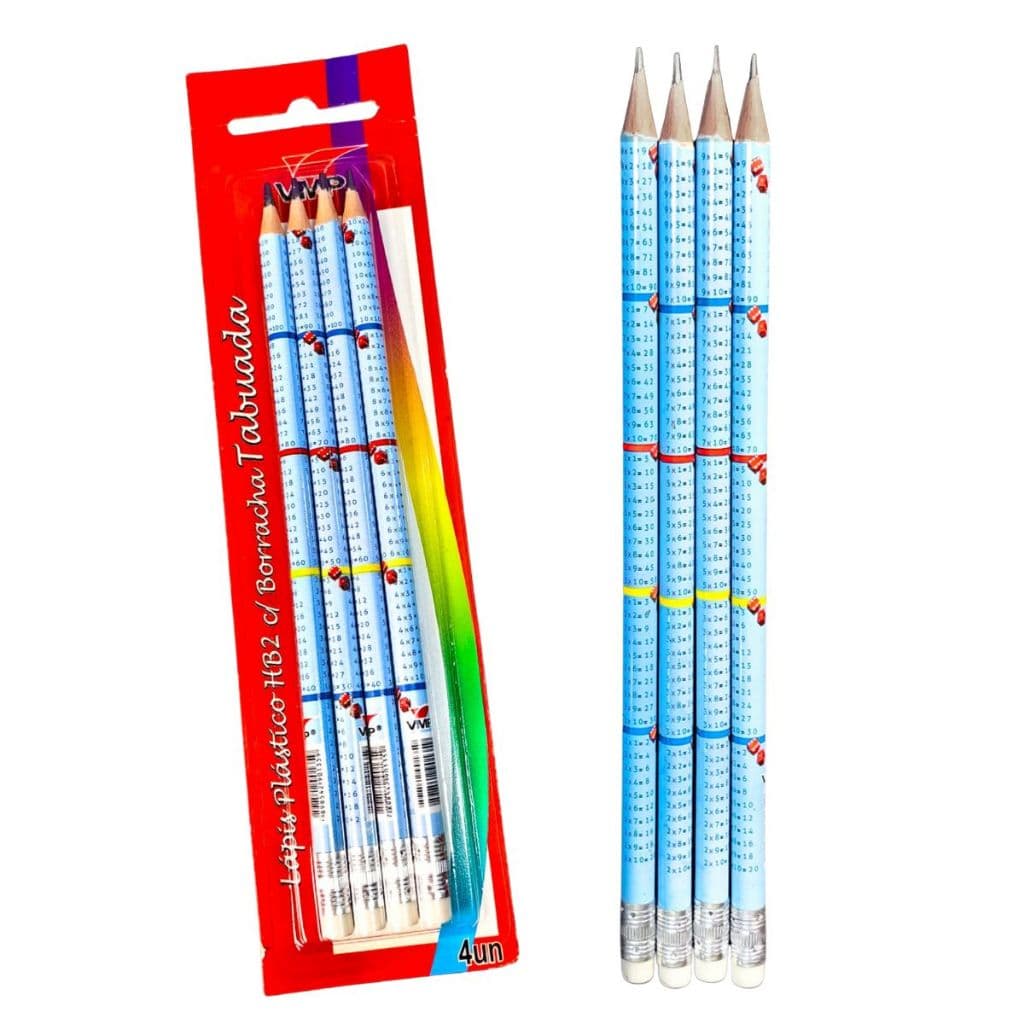 Conjunto Blister 4 Lápis de Escrever Tabuada Lápis de Desenho HB N2 Preto Lápis com Borracha Escolar
