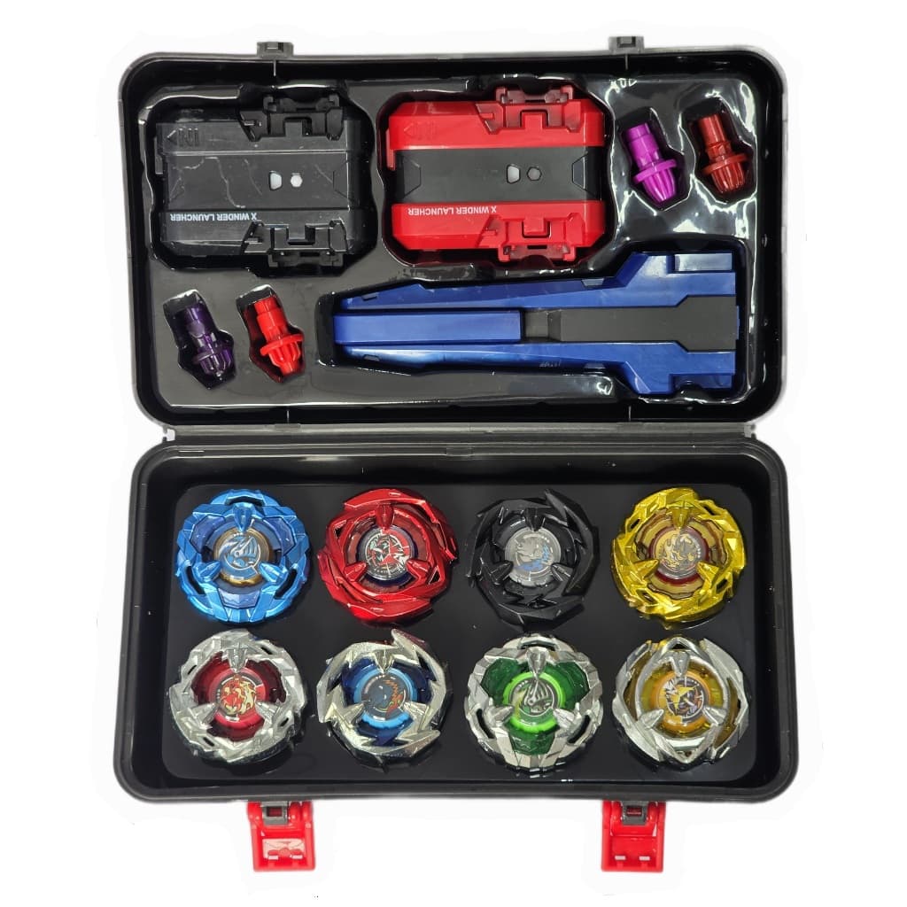 Kit 8 Piões de Batalha Com Lançador + Maleta De Transporte + Grip Pião