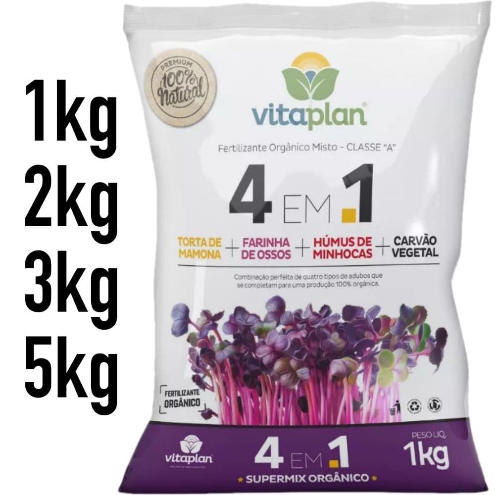 Adubo Fertilizante 4 em 1 Torta Mamona + Farinha Ossos + Humus de Minhoca + Carvão Vegetal c/ 1kg VITAPLAN