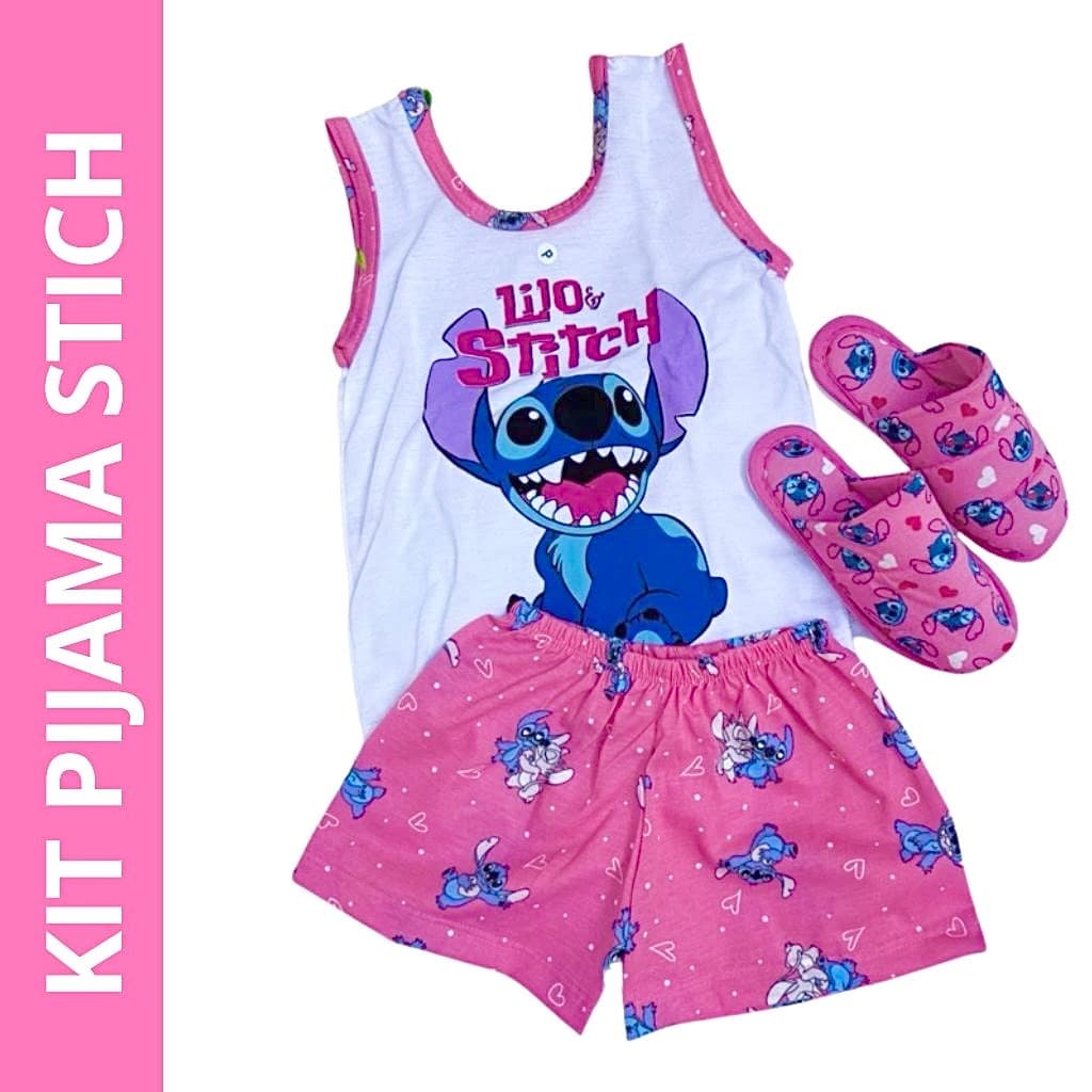 Kit 1 Short Dool Infantil Feminino + 1 Pantufa  Infantil Stitch Blogueira Roupa de Dormir Festa Do Pijama Baby Doll