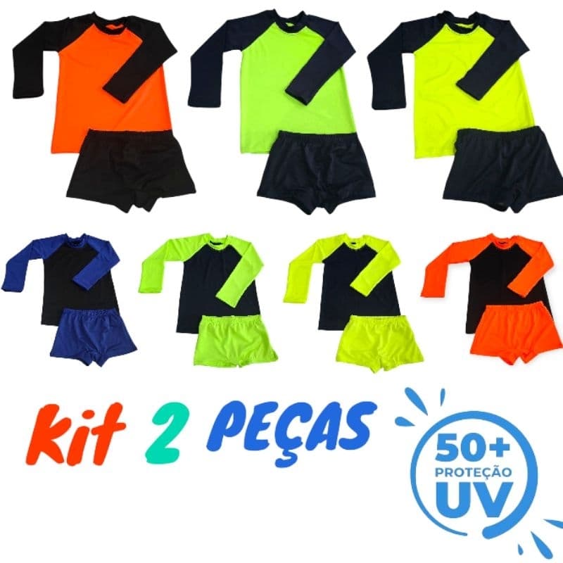 Conjunto Infantil Juvenil Moda Praia Menino Camisa Manga Longa e Sunga com Proteção UV50+