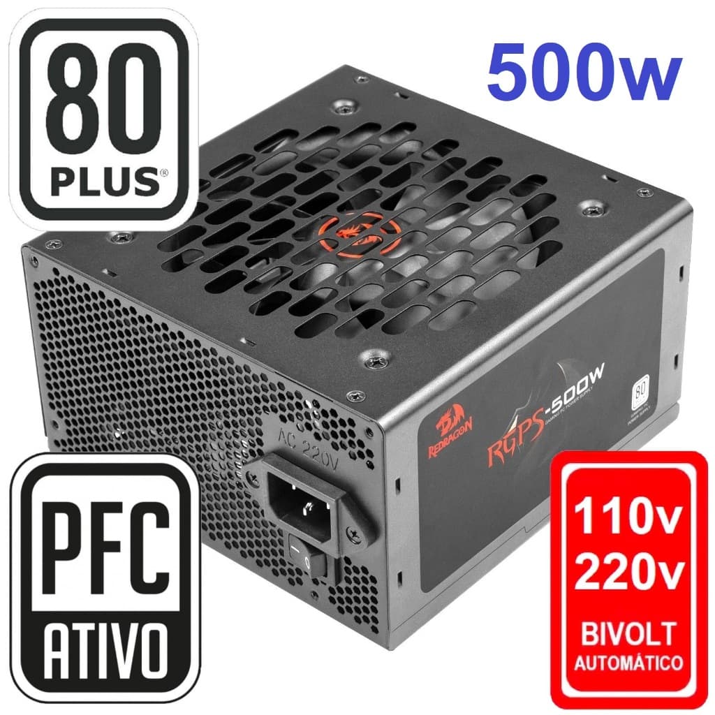 Fonte Gamer Redragon 500W REAL 80 Plus ATX PFC Ativo Full Range Bivolt automático PCI-e  8 PINOS 6+2