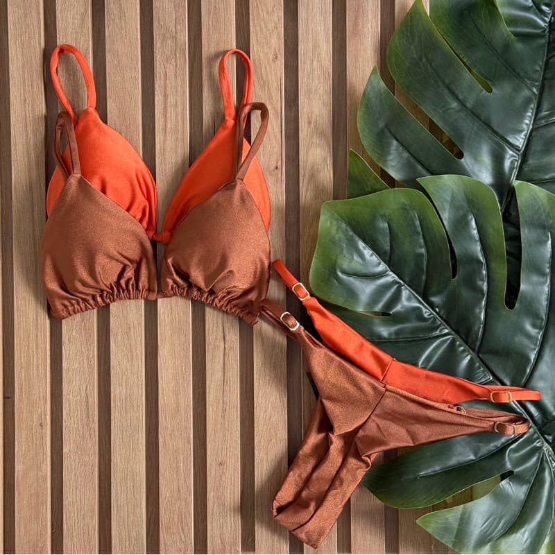 Kit 2 Biquíni Fio Dental Fita Bronze Cortininha Moda Praia Verão 2025 com bojo poliamida