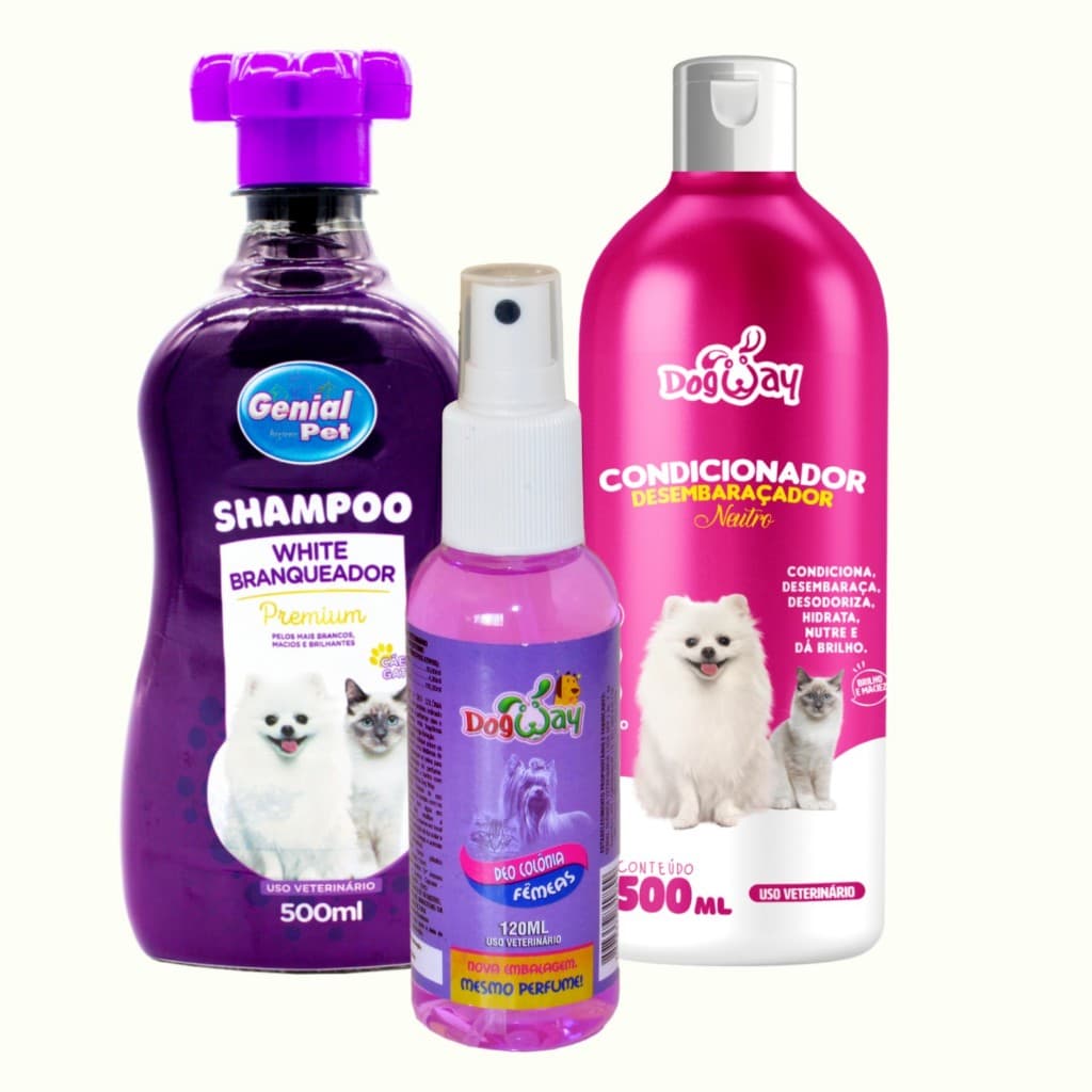 Kit Shampoo Branqueador Matizador de Pelagem + Condicionador Desembaraçador + Perfume Cães E Gatos